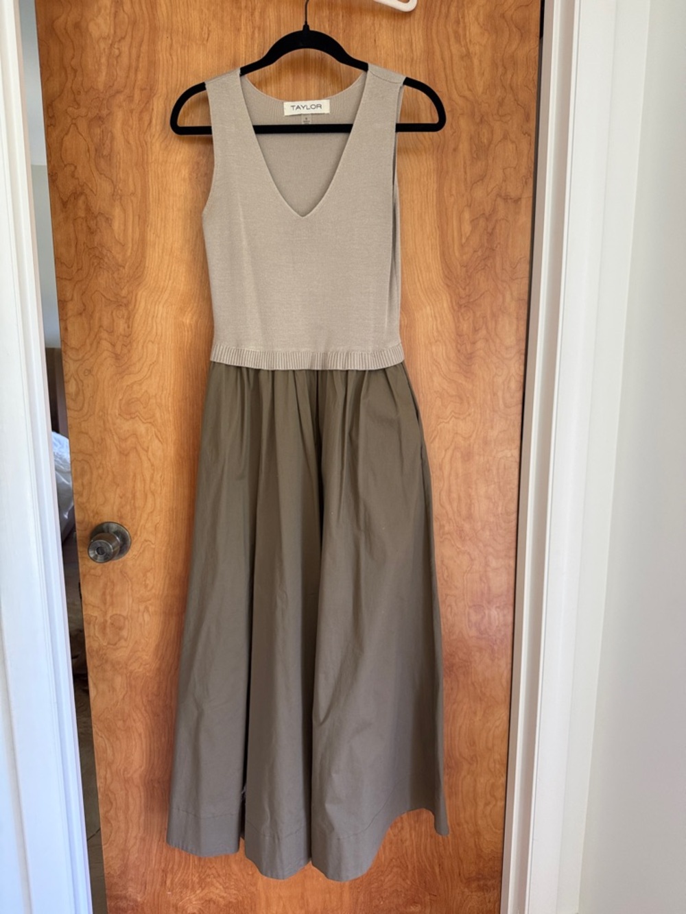 Taylor Sleeveless V-Neck Maxi Dress in Beige and Olive